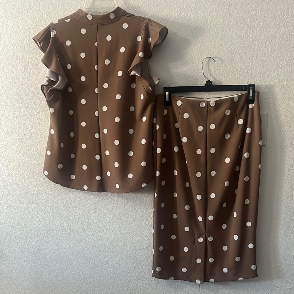 New York & Company Brown Polka Dot Shirt & Skirt Set - Picture 3 of 4
